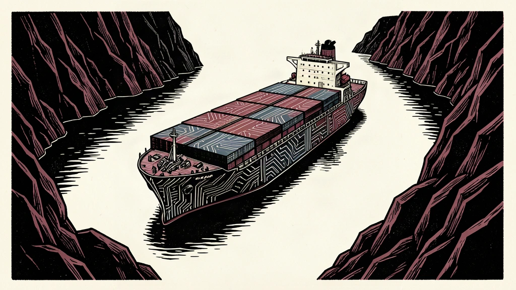 A cargo ship with a circuit board hull sailing through a narrow rocky passage.