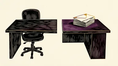 Workday reorganization and severance charges: a large office desk split into two halves, with one side holding a chair and the other holding a stack of envelopes.