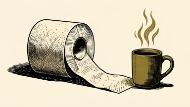 Kimberly-Clark COO Russell Torres departing for a coffee industry role: a large paper towel roll with a single sheet extending like a path toward a coffee mug.