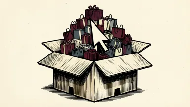 Adobe forecasts record US online holiday sales: a large open shipping box overflowing with gifts under a digital cursor.