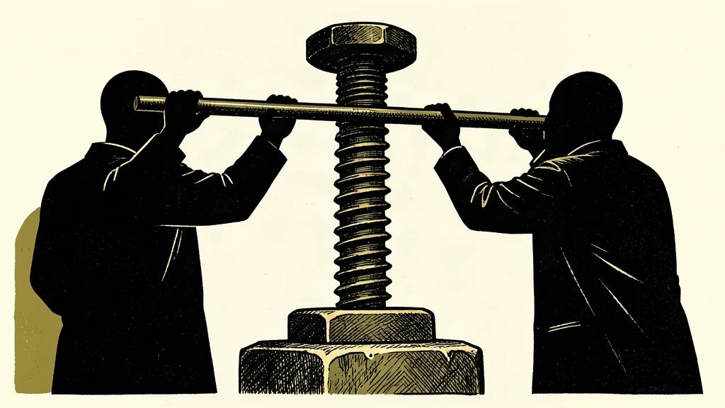 An editorial illustration of a massive industrial screw being turned upward by a heavy iron bar to represent rising interest rates.