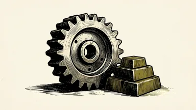 Chinese industrial output rises; a large gear and metal ingots represent steady factory activity.