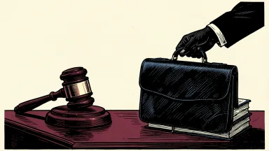 Avery Dennison Chief Legal Officer resignation: a gavel and legal documents on a desk as a briefcase is lifted away.