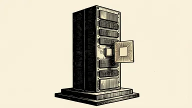 Micron and Sandisk resilience: a large DRAM memory module stands firm and upright while a smaller AI chip tile presses against its side.