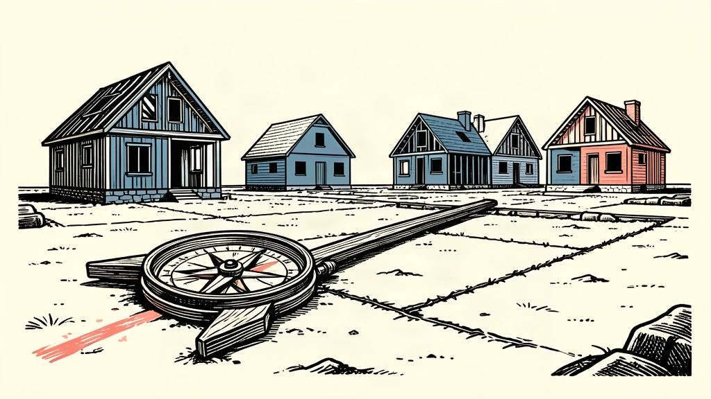 An editorial illustration showing a row of house frames under construction with a large drafting compass marking the ground.