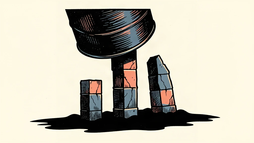An editorial illustration showing a large oil barrel casting a shadow over three sinking stone pillars representing market indices.