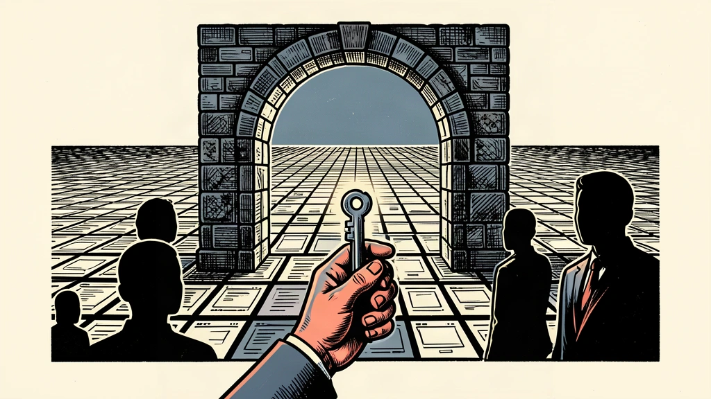 An editorial illustration showing a large stone archway with a digital grid visible through its opening, as a hand holds a key toward it.