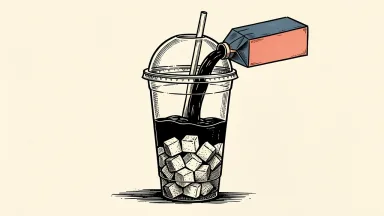 Starbucks facing a lawsuit over sugar content: a milk carton pours liquid into a tall cup where it turns into a pile of sugar cubes.
