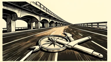 AECOM-led joint venture managing Ontario's Highway 413: a long highway corridor with bridge arches being aligned by a large architectural compass and calipers.