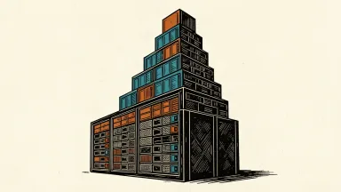 Everpure stock surges on AI demand: a series of data storage server units rising in a steep upward diagonal from a larger server base.