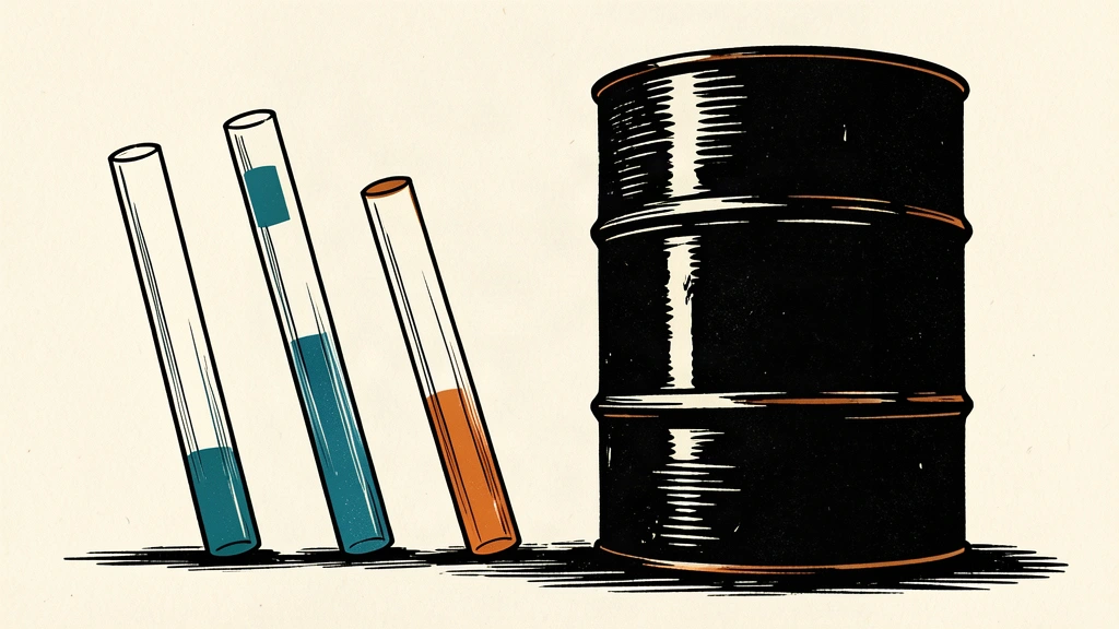 An editorial illustration showing a large oil drum exerting pressure on three thin pillars that are beginning to tilt.