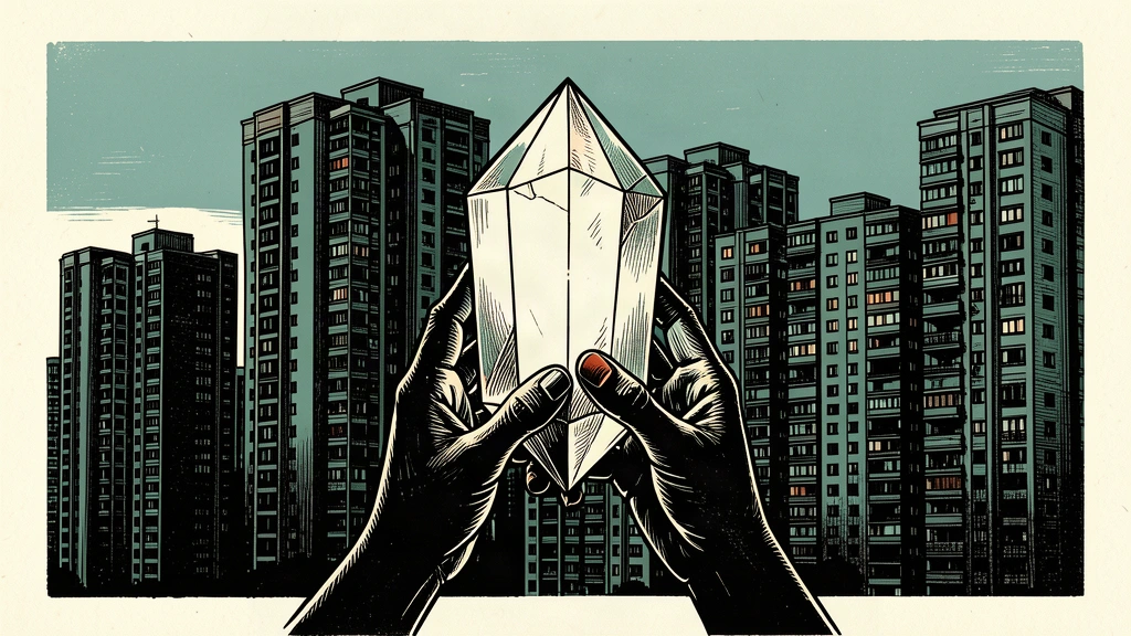 An editorial illustration showing hands holding a glowing geometric crystal while turning away from a cluster of residential high-rises.
