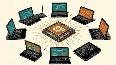 Nvidia RTX Spark laptops: a central AI superchip radiating light toward a surrounding circle of diverse laptop computers.