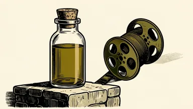 Moderna replacing Warner Bros. Discovery in the Nasdaq-100: a medical vial stands on a pedestal as a film reel canister is pushed off the edge.