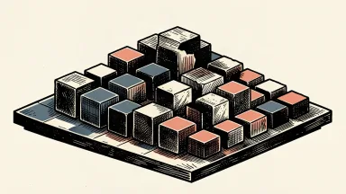BlackRock's tokenization initiative: solid architectural blocks being carved into uniform digital cubes and arranged into a precise grid.