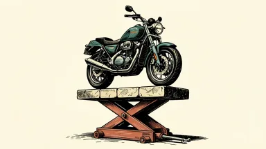 Harley-Davidson upgraded to Buy by Citigroup: a heavy cruiser motorcycle on a stone platform being lifted by a mechanical jack.
