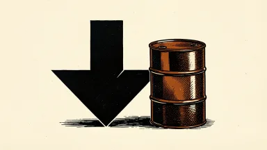 Nasdaq 100 decline represented by a downward arrow leaning against an oil barrel above $100.