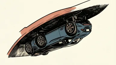 Tesla Roadster drives inverted on a curved ramp at an event.