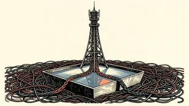 An editorial illustration showing a telecom tower feeding a streamlined flow of data into a central reservoir, bypassing a mess of tangled wires on the ground.