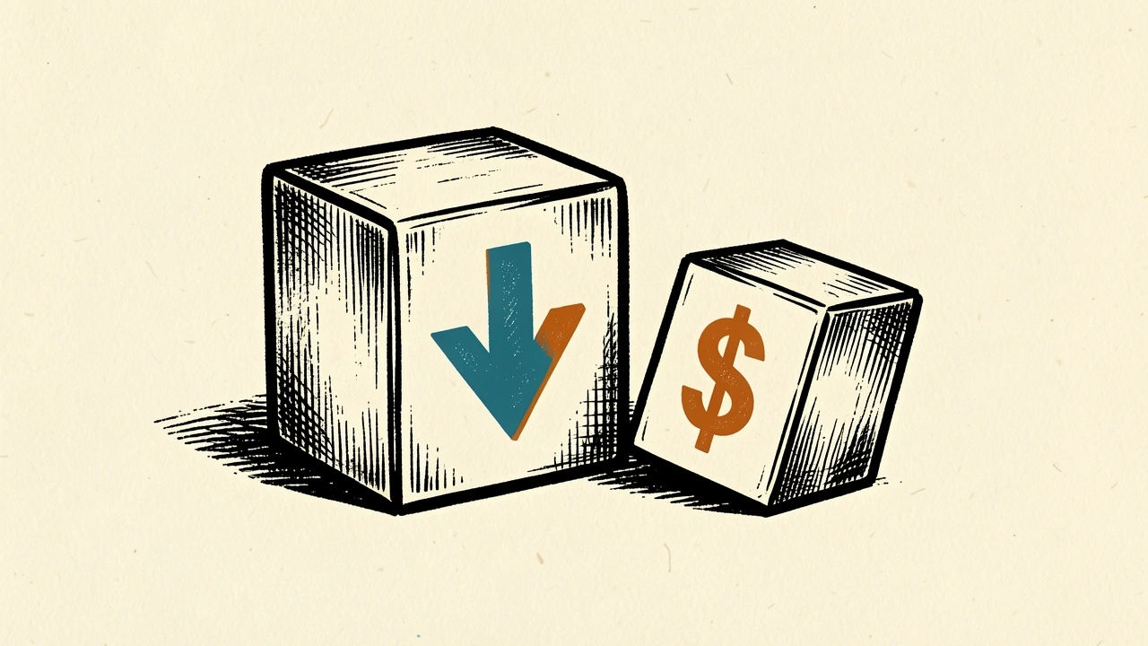 Newmark Group price target cut shown as a carved block with a downward arrow next to a leaning dollar-sign block.