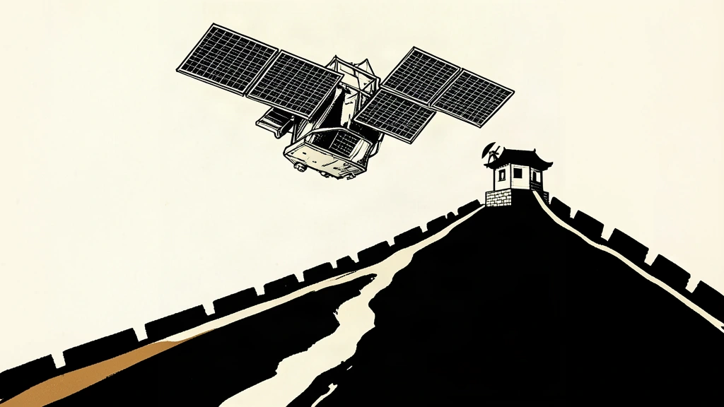 Linocut illustration of a satellite orbiting above a mountain range affected by a mudslide, with a weather station in the foreground.