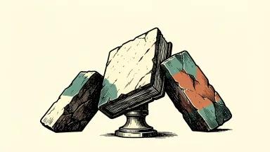 France's 2027 budget under pressure from election risks: a stone ledger tilted on a pedestal between two opposing stone blocks.
