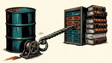 A small mechanical winch is unable to hold back a thick cable being pulled away by massive industrial weights.