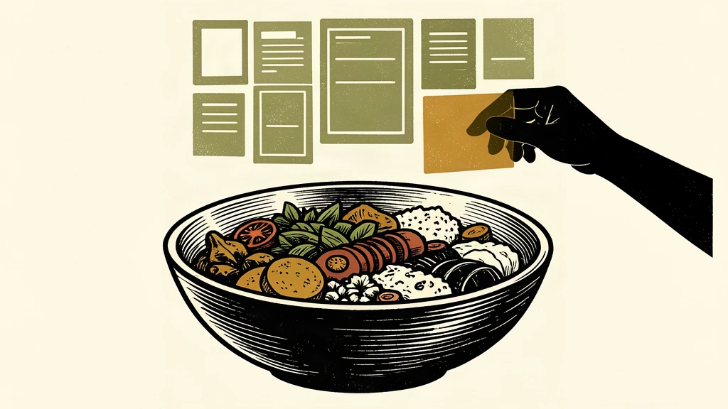 An editorial illustration showing a burrito bowl protected by a canopy of floating data tiles.
