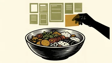 An editorial illustration showing a burrito bowl protected by a canopy of floating data tiles.