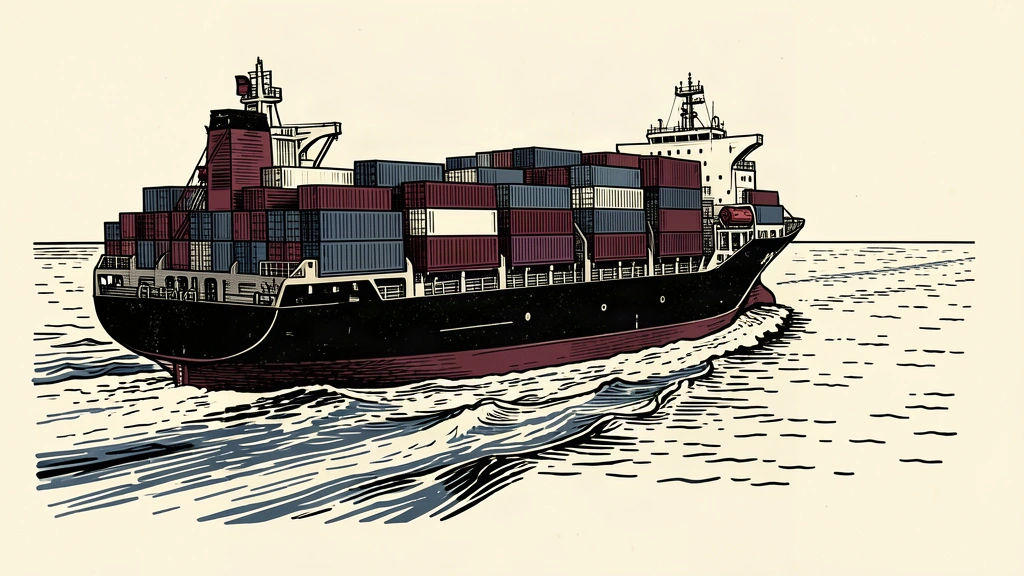 A large cargo ship heavily loaded with containers moves across a calm sea, representing a trade surplus.