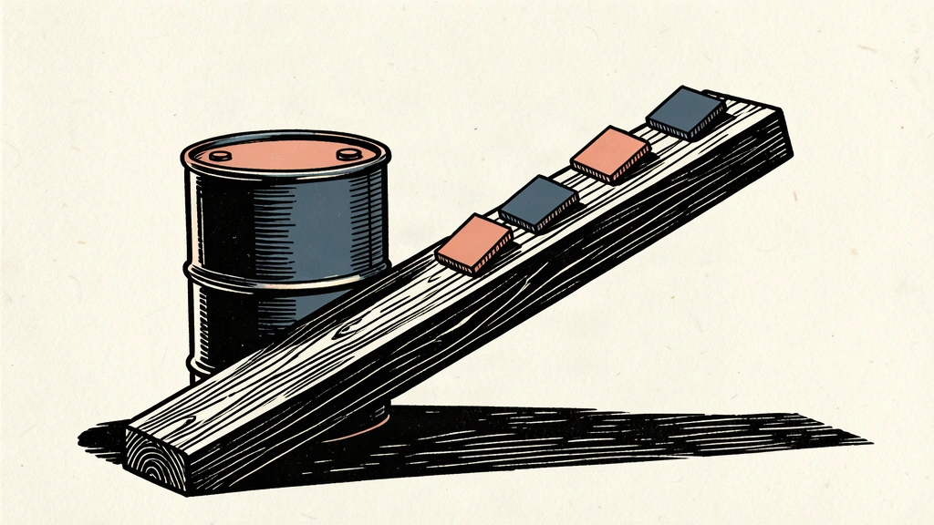 An editorial illustration of an oil barrel weighing down a tilted plank, causing stock tiles to slide off the elevated side, with a tall stone pillar looming in the background.