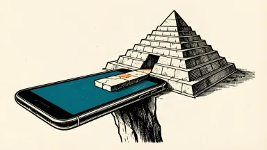 A conceptual illustration of a smartphone acting as a bridge for a final piece of a massive five-tiered monument, representing the approach to a five trillion valuation.