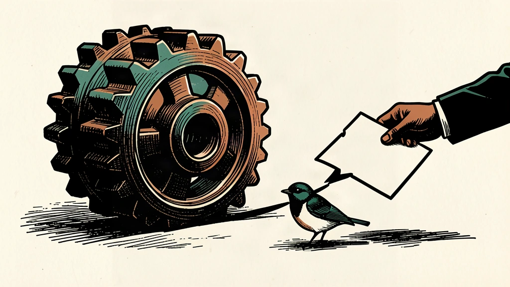 An editorial illustration showing a heavy industrial gear and a small bird separated by a line that is being erased.