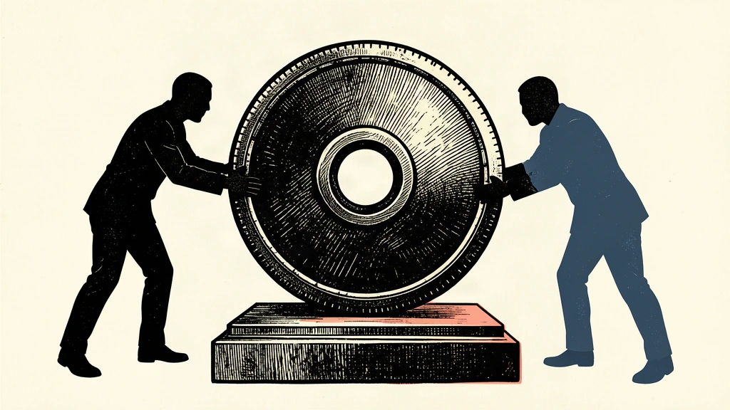 An editorial illustration of anonymous figures holding a large coin with a center hole at a specific angle on a pedestal.