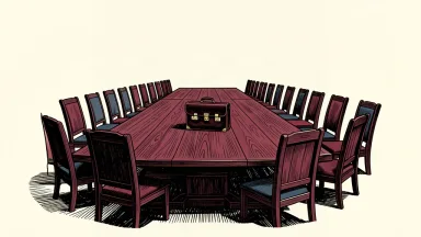 A single leather briefcase sits at the center of a massive circular table surrounded by twenty empty chairs.