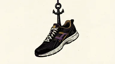 Nike stock downgraded to Underperform: an athletic sneaker being pulled downward by a heavy anchor.