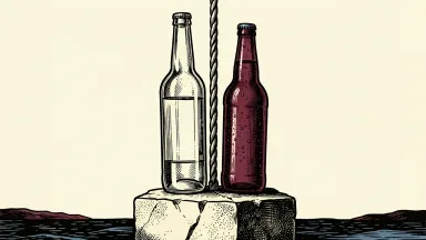Constellation Brands profit beat: a beer bottle and a spirits bottle are lifted upward on a heavy stone platform.