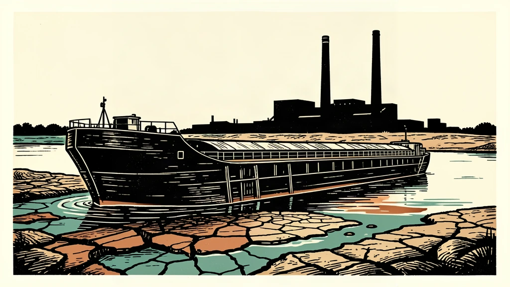 An editorial illustration showing a large cargo barge stranded on a dry, cracked riverbed with a distant factory in the background, representing economic disruption from low water levels.