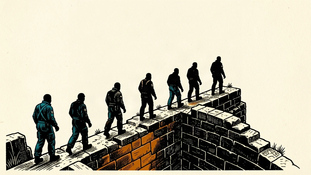 An editorial illustration showing a line of silhouetted figures moving from an old, low stone wall to a higher, more secure defensive ridge.