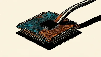 AI trade concerns: a large computer chip under tension from a thick cable and a heavy shadow.