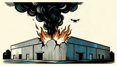 An editorial illustration of a drone strike on a logistics center, showing a warehouse with a smoking rupture in its roof.