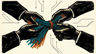 AT&T, GIP, and CPP Investments forming a fiber joint venture: three hands joining bundles of glowing fiber optic cables into a single central conduit.