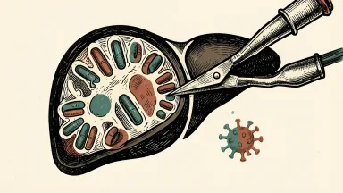 Precision BioSciences' gene editing tool targets circular DNA in a liver cell, with a fading virus particle.