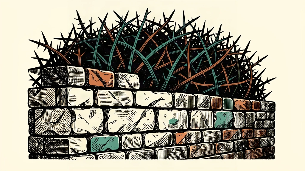 An editorial illustration showing a solid stone wall acting as a barrier against a dark thicket of thorns, representing a warning and defensive stance.
