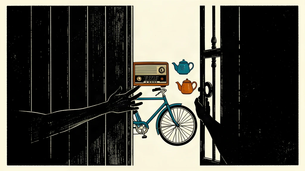 An editorial illustration showing a hand reaching through a heavy iron gate toward a row of consumer goods.