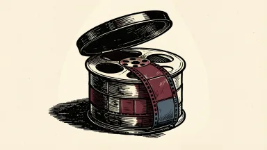 Paramount and Warner Bros. Discovery merger: two film strips merging into a single large reel inside a film canister.