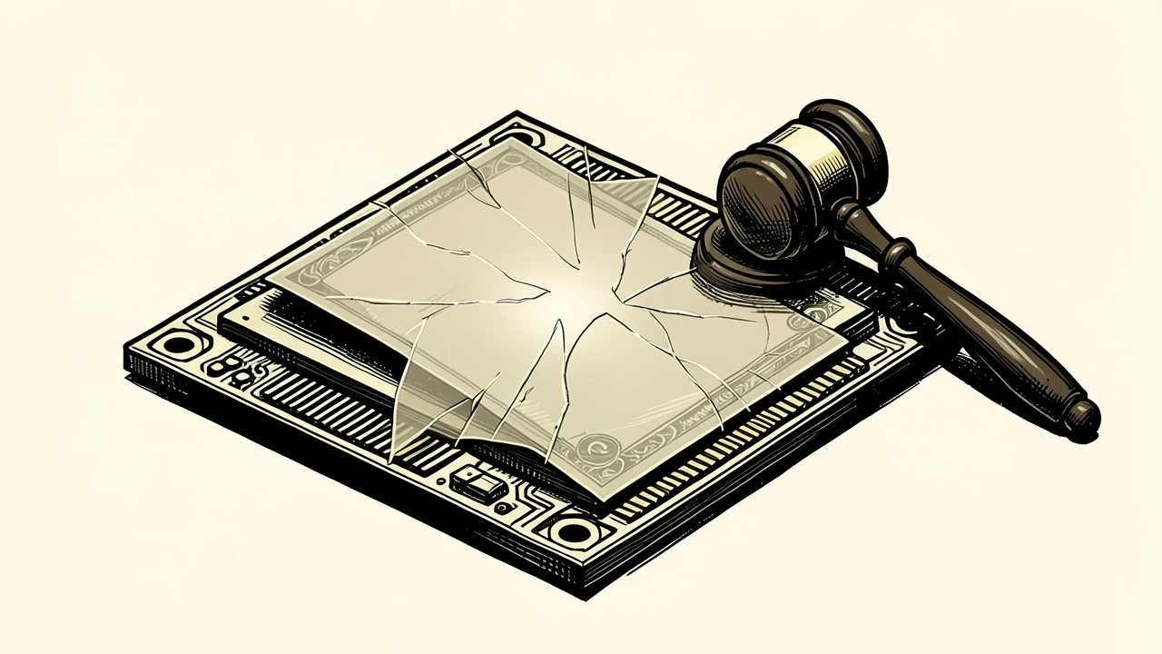 D-Wave Quantum class action lawsuit depicted by a quantum chip with a cracked legal overlay and a gavel nearby.
