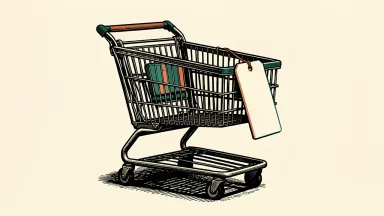 Grocery inflation forecast: an empty shopping cart with a blank price tag suggests rising costs.