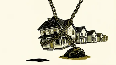 Lennar stock under pressure following a report on its affiliate relationship: a row of suburban houses being pulled downward by a heavy chain and stone.