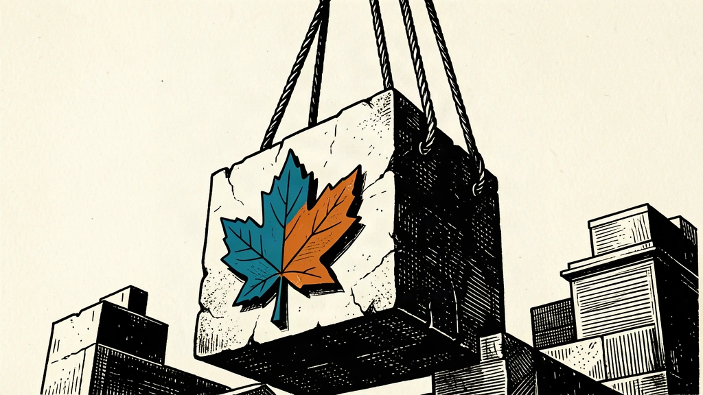 A heavy stone foundation block with a carved maple leaf is hoisted by industrial cables.
